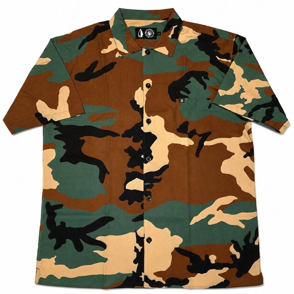 Tachuntfish M81 Mojito Mens Camo Button Up Shirt Large Short Sleeve Woodland NEW
